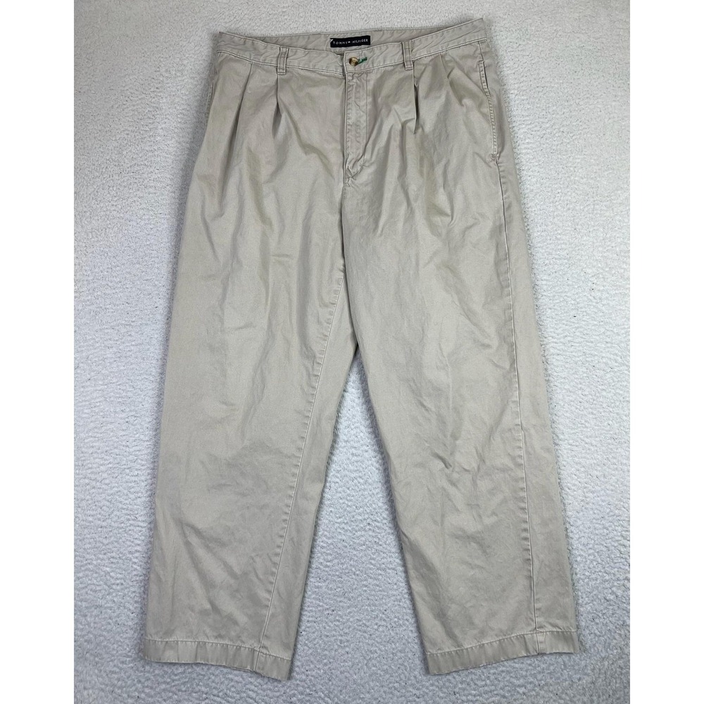 Tommy Hilfiger Pants Mens 36x30 Khaki Pleated Chino Casual Cotton Flat Front